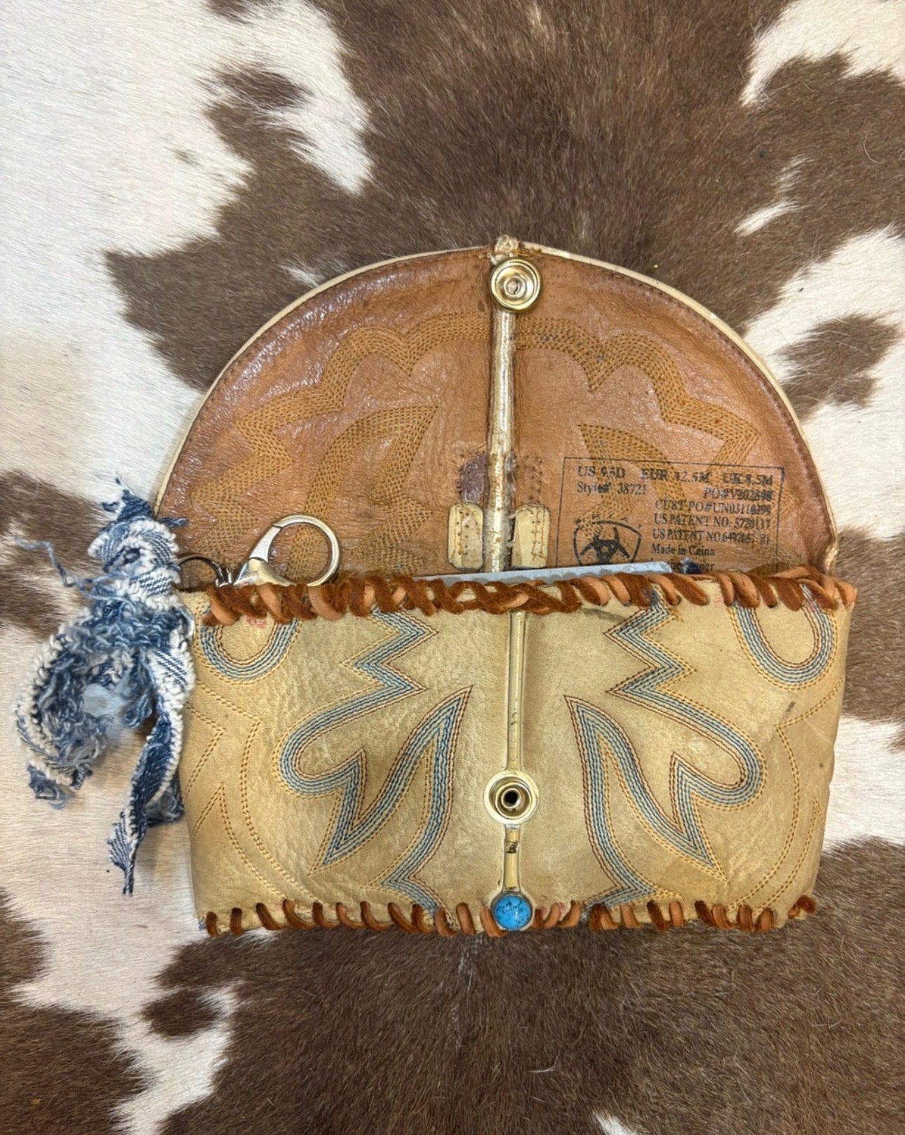 Vintage Tan Leather Cowboy Boot Western Clutch with Turquoise Accent