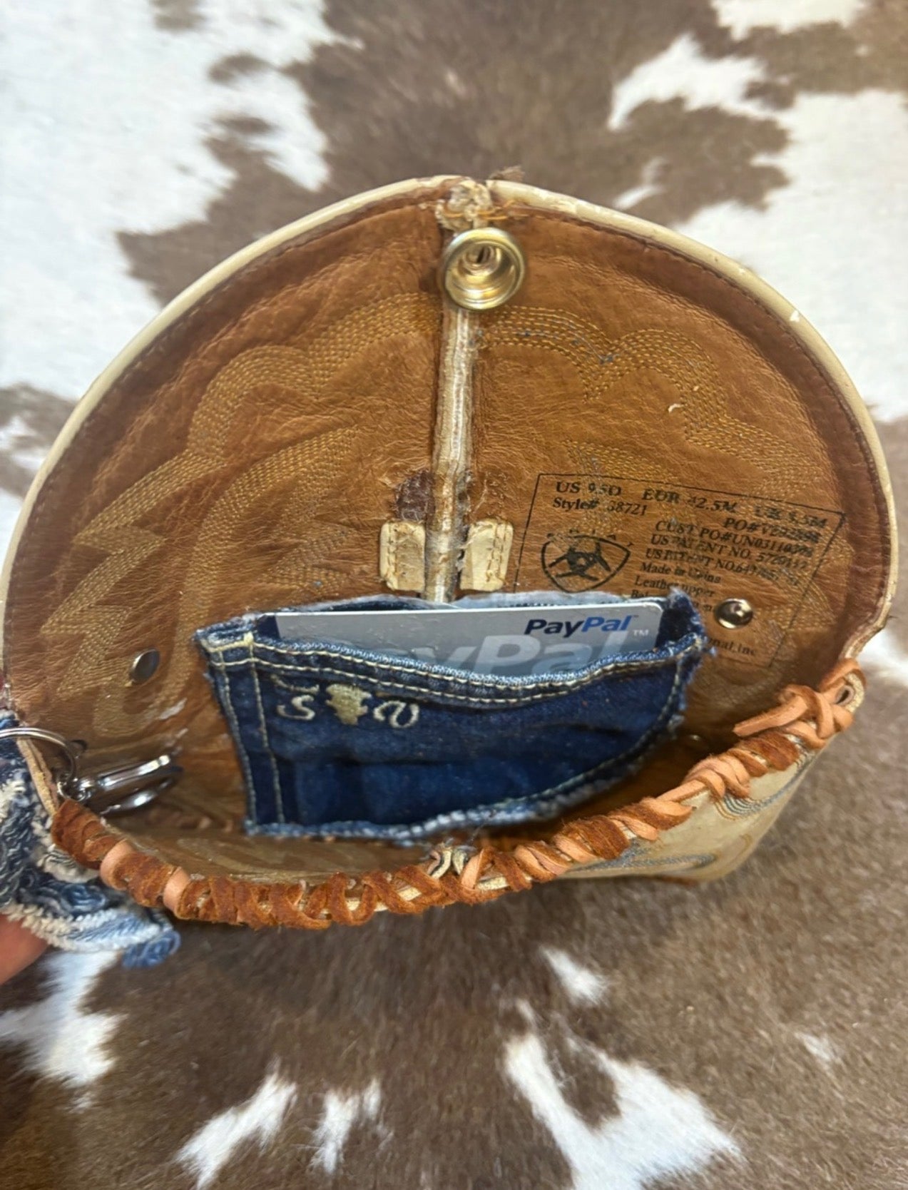 Vintage Tan Leather Cowboy Boot Western Clutch with Turquoise Accent