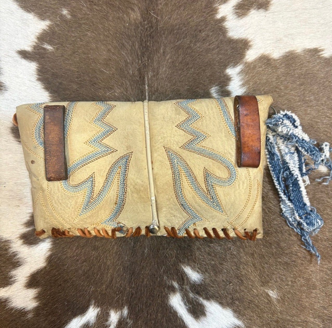 Vintage Tan Leather Cowboy Boot Western Clutch with Turquoise Accent