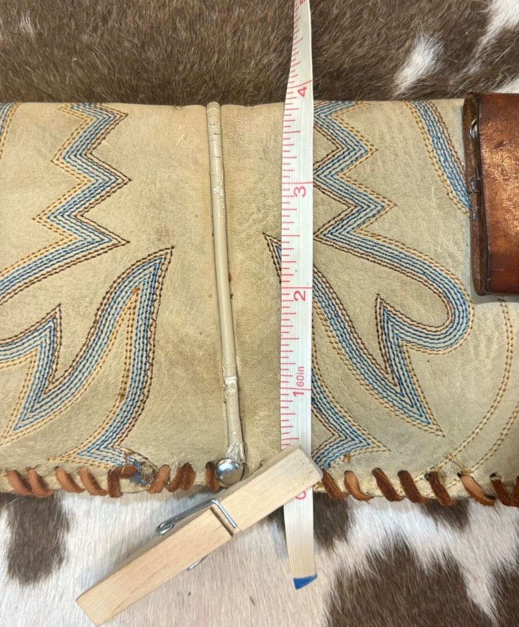 Vintage Tan Leather Cowboy Boot Western Clutch with Turquoise Accent